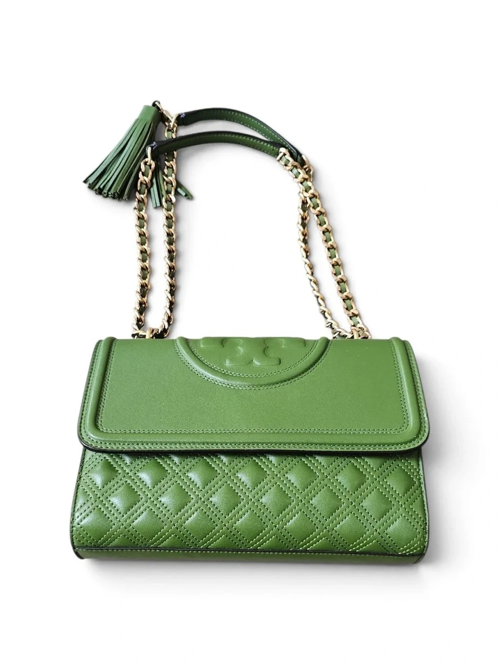 Tory Burch Olive Green Quilted Leather Shoulder Bag with Gold Chain